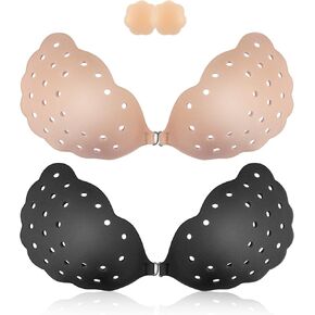 Niidor Adhesive Sticky Bra Invisible Strapless Breathable Push up Bras with Silicone Nipple Covers for Women（Nude+Black,E） in Kuwait