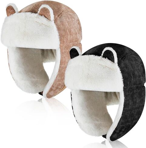 Suhine 2 Pcs Winter Hat with Lovely Cat Ear for Women Earflap Cap Thickened Outdoor Russian Hat Cold Proof Warm Ushanka Hat, Black, Khaki in Saudi Arabia