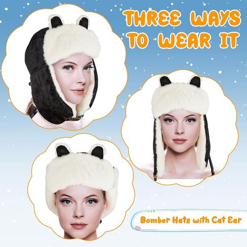 Suhine 2 Pcs Winter Hat with Lovely Cat Ear for Women Earflap Cap Thickened Outdoor Russian Hat Cold Proof Warm Ushanka Hat, Black, Khaki in Saudi Arabia