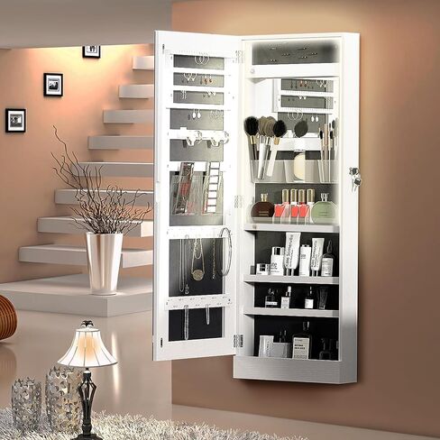 SogesHome Full-Length Jewelry Armoire Cabinet, Wall Door Mounted Jewelry Armoire Organizer, Lockable Large Capacity Dressing Mirror with Inner Mirror in Kuwait