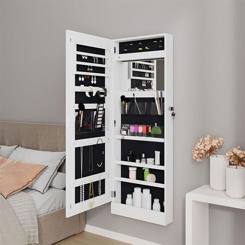 SogesHome Full-Length Jewelry Armoire Cabinet, Wall Door Mounted Jewelry Armoire Organizer, Lockable Large Capacity Dressing Mirror with Inner Mirror in Kuwait