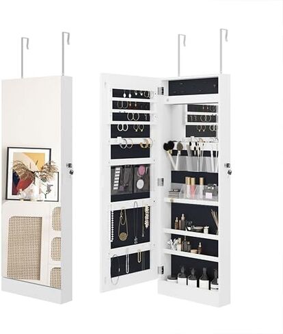 SogesHome Full-Length Jewelry Armoire Cabinet, Wall Door Mounted Jewelry Armoire Organizer, Lockable Large Capacity Dressing Mirror with Inner Mirror in Kuwait
