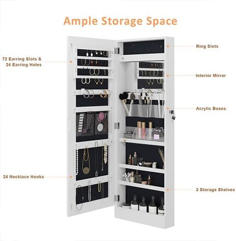 SogesHome Full-Length Jewelry Armoire Cabinet, Wall Door Mounted Jewelry Armoire Organizer, Lockable Large Capacity Dressing Mirror with Inner Mirror in Kuwait