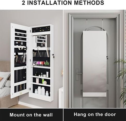 SogesHome Full-Length Jewelry Armoire Cabinet, Wall Door Mounted Jewelry Armoire Organizer, Lockable Large Capacity Dressing Mirror with Inner Mirror in Kuwait