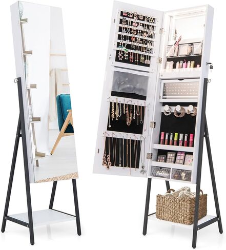 COSTWAY LED Full Length Mirror Jewelry Cabinet, Standing Jewelry Organizer Box with 3-Color Lights and Bottom Storage Shelf, Lockable Jewelry Armoire for Women Girls Bedroom (Rustic Brown) in Saudi Arabia