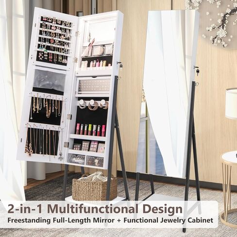 COSTWAY LED Full Length Mirror Jewelry Cabinet, Standing Jewelry Organizer Box with 3-Color Lights and Bottom Storage Shelf, Lockable Jewelry Armoire for Women Girls Bedroom (Rustic Brown) in Saudi Arabia
