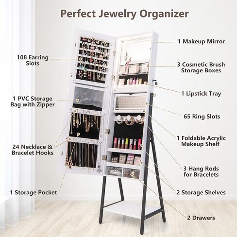 COSTWAY LED Full Length Mirror Jewelry Cabinet, Standing Jewelry Organizer Box with 3-Color Lights and Bottom Storage Shelf, Lockable Jewelry Armoire for Women Girls Bedroom (Rustic Brown) in Saudi Arabia