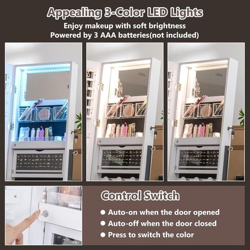 COSTWAY LED Full Length Mirror Jewelry Cabinet, Standing Jewelry Organizer Box with 3-Color Lights and Bottom Storage Shelf, Lockable Jewelry Armoire for Women Girls Bedroom (Rustic Brown) in Saudi Arabia