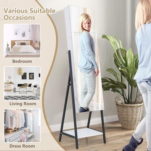 COSTWAY LED Full Length Mirror Jewelry Cabinet, Standing Jewelry Organizer Box with 3-Color Lights and Bottom Storage Shelf, Lockable Jewelry Armoire for Women Girls Bedroom (Rustic Brown) in Saudi Arabia