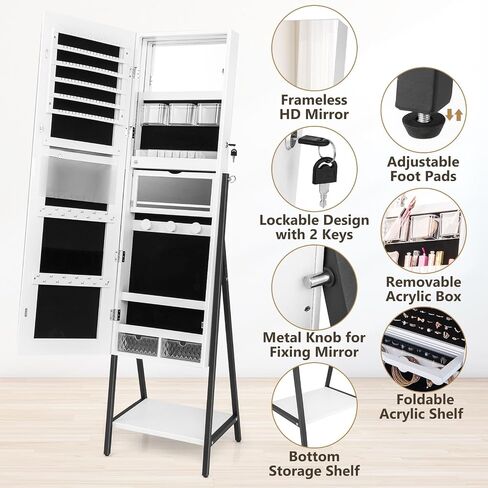 COSTWAY LED Full Length Mirror Jewelry Cabinet, Standing Jewelry Organizer Box with 3-Color Lights and Bottom Storage Shelf, Lockable Jewelry Armoire for Women Girls Bedroom (Rustic Brown) in Saudi Arabia