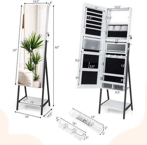 COSTWAY LED Full Length Mirror Jewelry Cabinet, Standing Jewelry Organizer Box with 3-Color Lights and Bottom Storage Shelf, Lockable Jewelry Armoire for Women Girls Bedroom (Rustic Brown) in Saudi Arabia