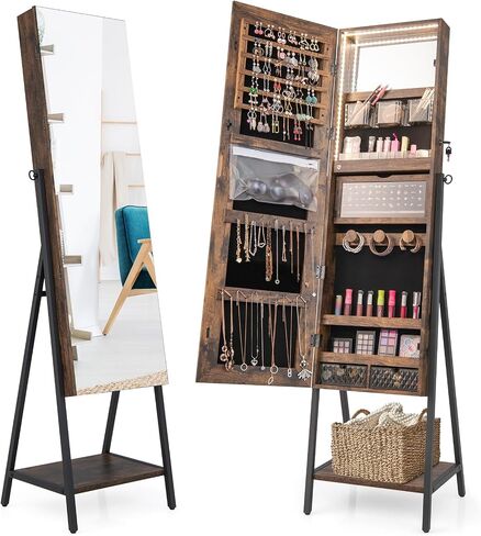 COSTWAY LED Full Length Mirror Jewelry Cabinet, Standing Jewelry Organizer Box with 3-Color Lights and Bottom Storage Shelf, Lockable Jewelry Armoire for Women Girls Bedroom (Rustic Brown) in Saudi Arabia