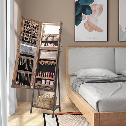 COSTWAY LED Full Length Mirror Jewelry Cabinet, Standing Jewelry Organizer Box with 3-Color Lights and Bottom Storage Shelf, Lockable Jewelry Armoire for Women Girls Bedroom (Rustic Brown) in Saudi Arabia