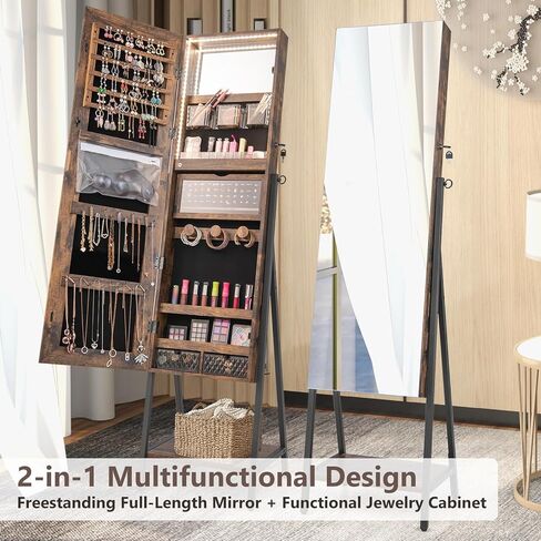 COSTWAY LED Full Length Mirror Jewelry Cabinet, Standing Jewelry Organizer Box with 3-Color Lights and Bottom Storage Shelf, Lockable Jewelry Armoire for Women Girls Bedroom (Rustic Brown) in Saudi Arabia