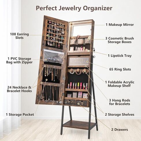 COSTWAY LED Full Length Mirror Jewelry Cabinet, Standing Jewelry Organizer Box with 3-Color Lights and Bottom Storage Shelf, Lockable Jewelry Armoire for Women Girls Bedroom (Rustic Brown) in Saudi Arabia