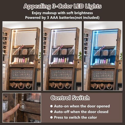 COSTWAY LED Full Length Mirror Jewelry Cabinet, Standing Jewelry Organizer Box with 3-Color Lights and Bottom Storage Shelf, Lockable Jewelry Armoire for Women Girls Bedroom (Rustic Brown) in Saudi Arabia
