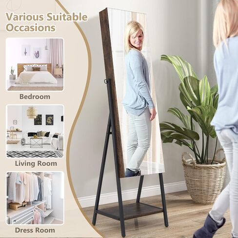 COSTWAY LED Full Length Mirror Jewelry Cabinet, Standing Jewelry Organizer Box with 3-Color Lights and Bottom Storage Shelf, Lockable Jewelry Armoire for Women Girls Bedroom (Rustic Brown) in Saudi Arabia