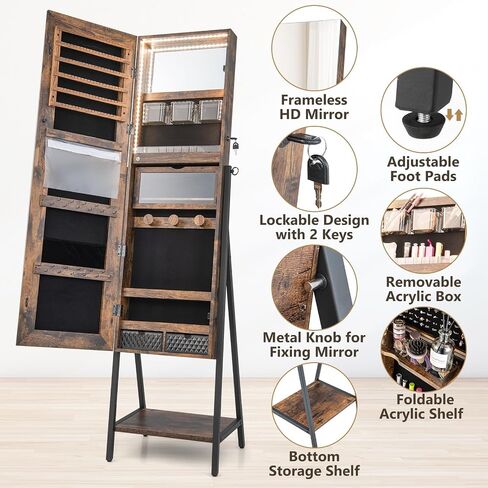 COSTWAY LED Full Length Mirror Jewelry Cabinet, Standing Jewelry Organizer Box with 3-Color Lights and Bottom Storage Shelf, Lockable Jewelry Armoire for Women Girls Bedroom (Rustic Brown) in Saudi Arabia