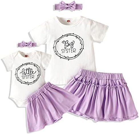 AMAWMW Big Sister Little Sister Matching Outfits Toddler Baby Girl Summer Clothes Short Sleeve Romper Ruffle Skirt 3PC Set in Kuwait