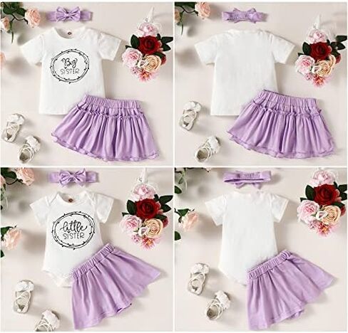 AMAWMW Big Sister Little Sister Matching Outfits Toddler Baby Girl Summer Clothes Short Sleeve Romper Ruffle Skirt 3PC Set in Kuwait