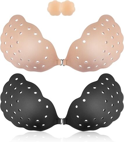 Niidor Adhesive Sticky Bra Invisible Strapless Breathable Push up Bras with Silicone Nipple Covers for Women（Nude+Black,E） in Kuwait