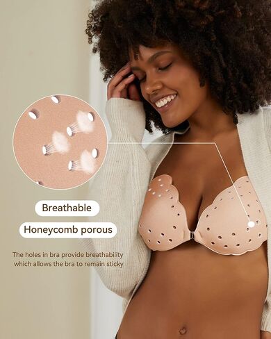 Niidor Adhesive Sticky Bra Invisible Strapless Breathable Push up Bras with Silicone Nipple Covers for Women（Nude+Black,E） in Kuwait