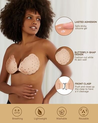 Niidor Adhesive Sticky Bra Invisible Strapless Breathable Push up Bras with Silicone Nipple Covers for Women（Nude+Black,E） in Kuwait