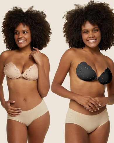 Niidor Adhesive Sticky Bra Invisible Strapless Breathable Push up Bras with Silicone Nipple Covers for Women（Nude+Black,E） in Kuwait