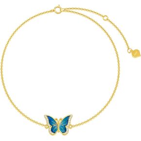 SISGEM Real 14k Gold Blue Butterfly Anklet for Women, Solid 14 Karat Gold Animal Lover Ankle Bracelet Jewelry Gifts for Her, 9.4"+0.8"+0.8"