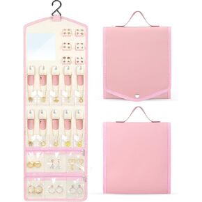 OAOLEER Travel Jewelry Organizer Bag, Foldable Jewelry Travel Organizer Holder with Mirror, Waterproof Travel Jewelry Case Storage in Soft Pink Leather for Rings, Earrings, Necklaces, Bracelets in Kuwait