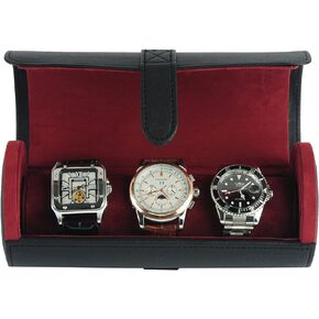 TIMELYBUYS Deluxe Black Saffiano 3 Watch Bangle Bracelet Travel Watch Case and Jewelry Roll