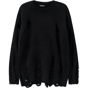 HANGJIA Black Red Striped Sweaters Men Oversized Ripped Hole Knit Pullover Autumn Winter Fashion Long Sleeve Clothing