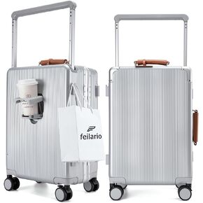 feilario 2 Piece Set (20"/24") Aluminum Frame Hardside PC Carry on Luggage - Wide Handle Double Spinner Wheels Suitcase Built-In TSA lock & Cup Holder - Black