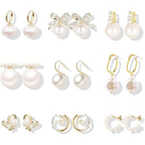 9 Pairs Pearl Stud Earrings for Women Pearl Hoop Huggie Earrings Rhinestone Bow Earrings Set Pearl Dangle Drop Earrigns Classical Heart Pearl Earrings Valentines Day Gifts for Girls in Kuwait