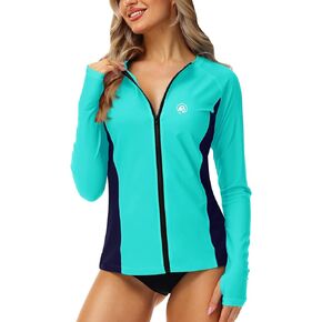 AOBUTE Women Zipper Rash Guard UPF 50+ Sun Protection Swim Shirt Surf Top with Thumb Hole