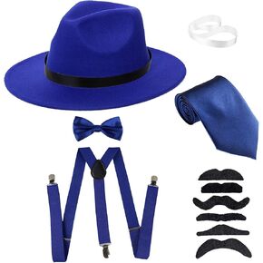 مجموعة Roaring 1920s للرجال قبعة مانهاتن فيدورا ، حمالات على شكل حرف Y وربطة عنق مربوطة مسبقًا ، ربطة عصابات وشارب وهمي in Kuwait