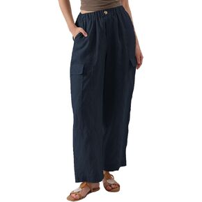 Amazhiyu Womens Pure Linen Wide Leg Cargo Pants Elastic Waist Baggy Jogger with Pockets