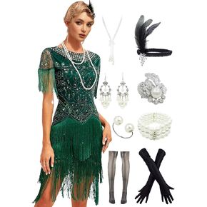 YACHARM 1920s Flapper كم طويل مهدب كوكتيل غاتسبي هادر 20s فستان مُطرز بالترتر مع مجموعة إكسسوارات 20s in Saudi Arabia