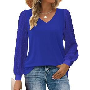 Zeagoo Women's Blouses Dressy Casual V Neck Top Swiss Dot Balloon Long Sleeve Shirts