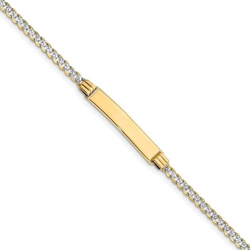 Solid 14k White and Yellow Gold Two Toned Pave Curb Cuban ID Bracelet Engravable Identification Name Bar Tag - with Secure Lobster Lock Clasp 8" (Width = 5mm) in Saudi Arabia