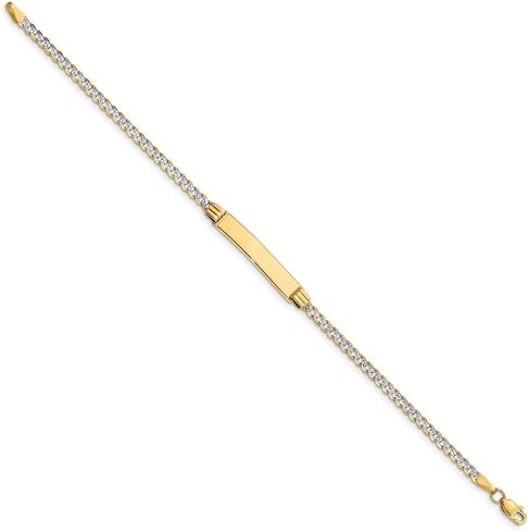 Solid 14k White and Yellow Gold Two Toned Pave Curb Cuban ID Bracelet Engravable Identification Name Bar Tag - with Secure Lobster Lock Clasp 8" (Width = 5mm) in Saudi Arabia