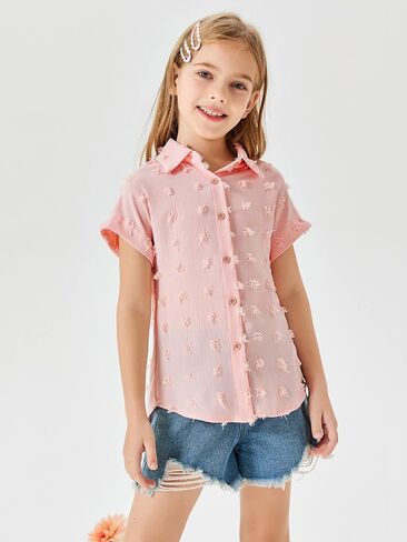 Haloumoning Girls Button Down Shirts Short Sleeve Kids Casual Chiffon Blouse Summer Tops T-Shirt in Saudi Arabia