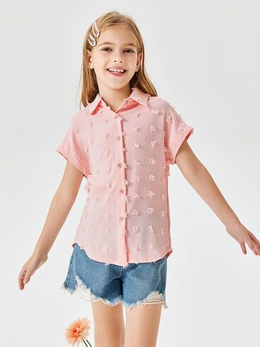 Haloumoning Girls Button Down Shirts Short Sleeve Kids Casual Chiffon Blouse Summer Tops T-Shirt in Saudi Arabia