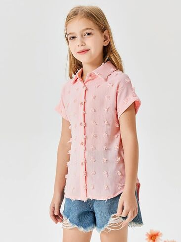 Haloumoning Girls Button Down Shirts Short Sleeve Kids Casual Chiffon Blouse Summer Tops T-Shirt in Saudi Arabia