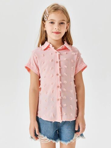 Haloumoning Girls Button Down Shirts Short Sleeve Kids Casual Chiffon Blouse Summer Tops T-Shirt in Saudi Arabia