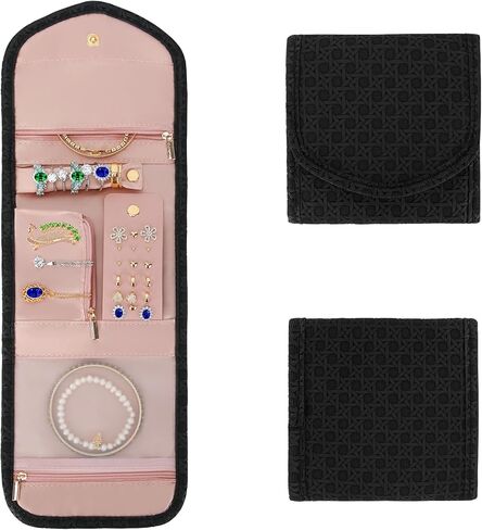 LETURE PU Leather Travel Jewelry Organizer Case, Foldable Small Jewelry Roll for Journey Ring, Pendant, Earring, Necklace, Bracelet (Black) in Kuwait