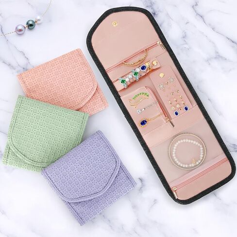 LETURE PU Leather Travel Jewelry Organizer Case, Foldable Small Jewelry Roll for Journey Ring, Pendant, Earring, Necklace, Bracelet (Black) in Kuwait