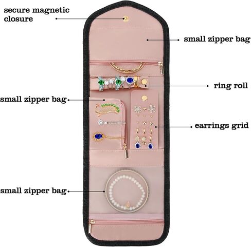 LETURE PU Leather Travel Jewelry Organizer Case, Foldable Small Jewelry Roll for Journey Ring, Pendant, Earring, Necklace, Bracelet (Black) in Kuwait