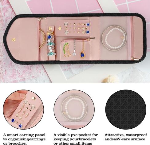 LETURE PU Leather Travel Jewelry Organizer Case, Foldable Small Jewelry Roll for Journey Ring, Pendant, Earring, Necklace, Bracelet (Black) in Kuwait