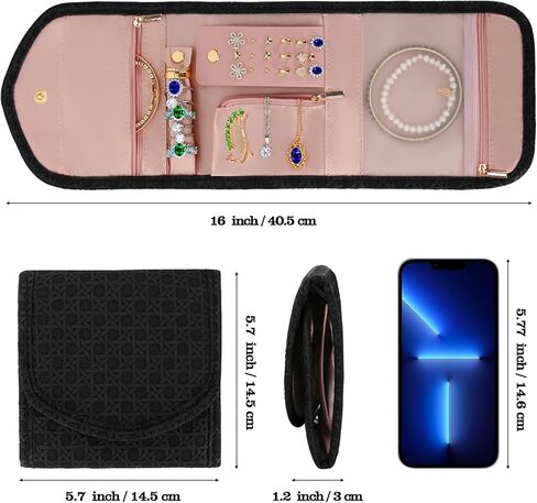LETURE PU Leather Travel Jewelry Organizer Case, Foldable Small Jewelry Roll for Journey Ring, Pendant, Earring, Necklace, Bracelet (Black) in Kuwait